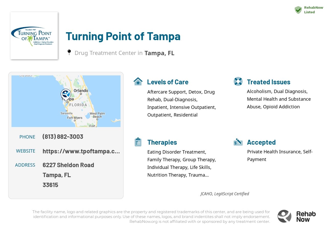 Helpful reference information for Turning Point of Tampa, a drug treatment center in Florida located at: 6227 Sheldon Road, Tampa, FL, 33615, including phone numbers, official website, and more. Listed briefly is an overview of Levels of Care, Therapies Offered, Issues Treated, and accepted forms of Payment Methods.