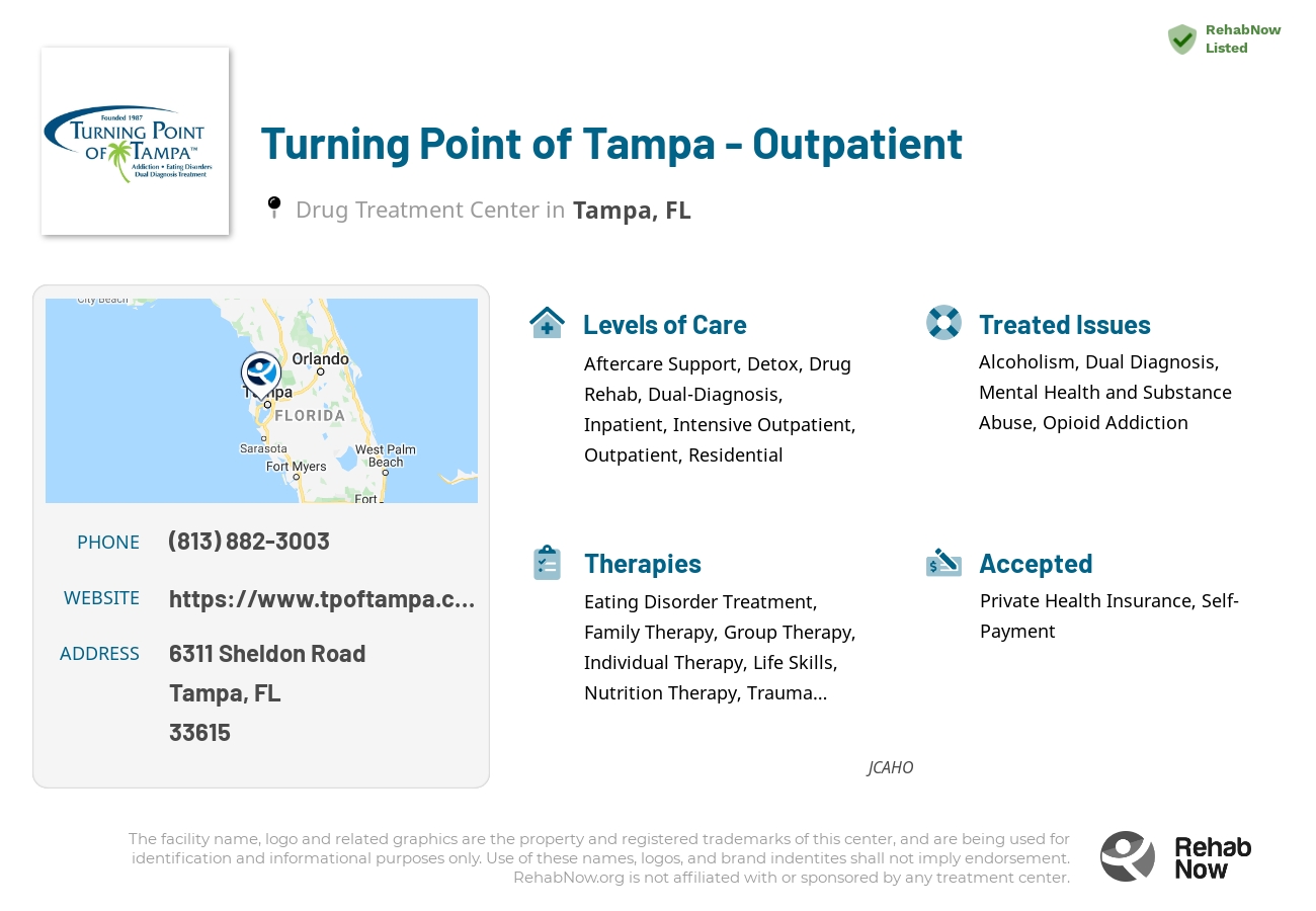 Helpful reference information for Turning Point of Tampa - Outpatient, a drug treatment center in Florida located at: 6311 Sheldon Road, Tampa, FL, 33615, including phone numbers, official website, and more. Listed briefly is an overview of Levels of Care, Therapies Offered, Issues Treated, and accepted forms of Payment Methods.
