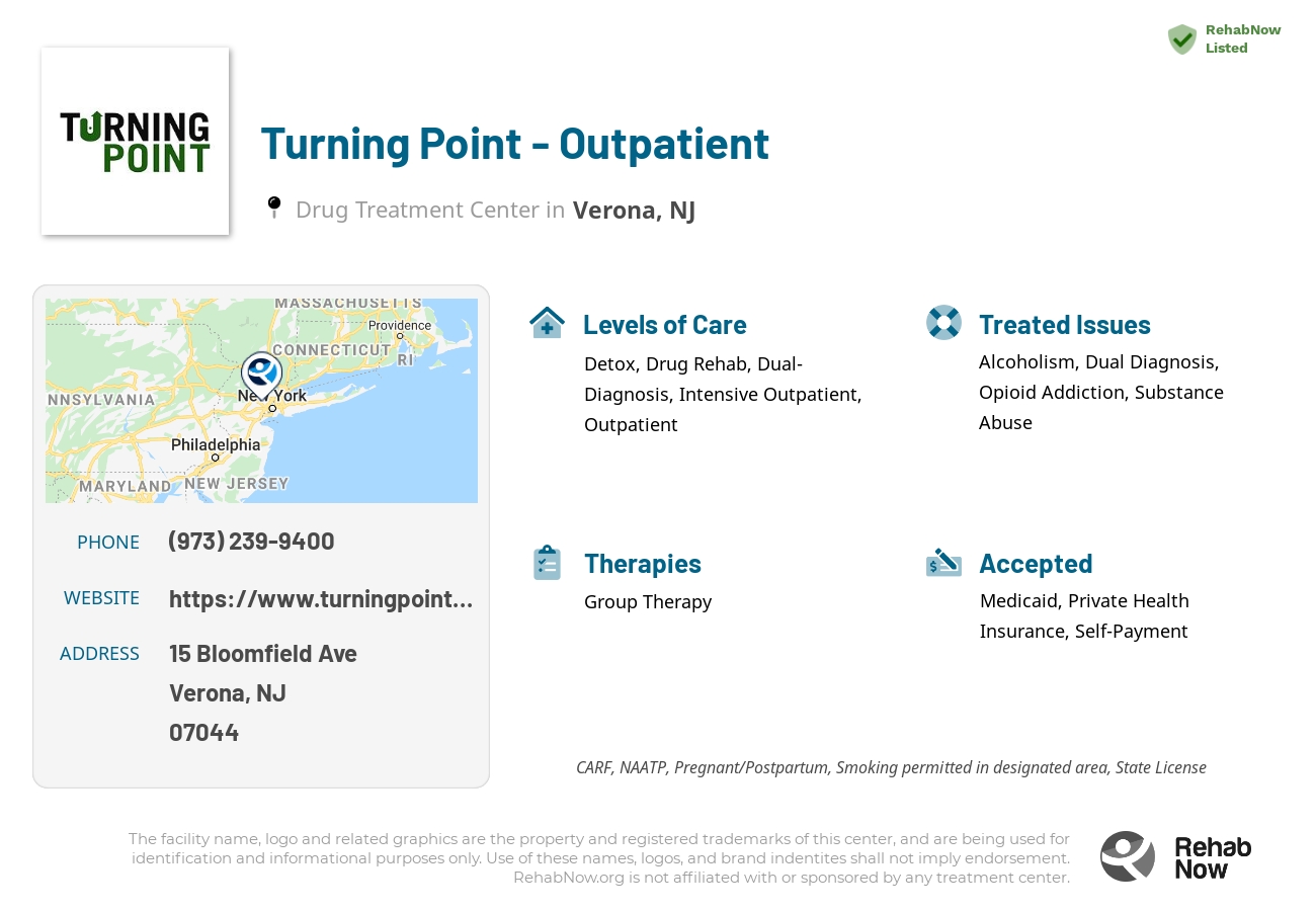 Helpful reference information for Turning Point - Outpatient, a drug treatment center in New Jersey located at: 15 Bloomfield Ave, Verona, NJ 07044, including phone numbers, official website, and more. Listed briefly is an overview of Levels of Care, Therapies Offered, Issues Treated, and accepted forms of Payment Methods.