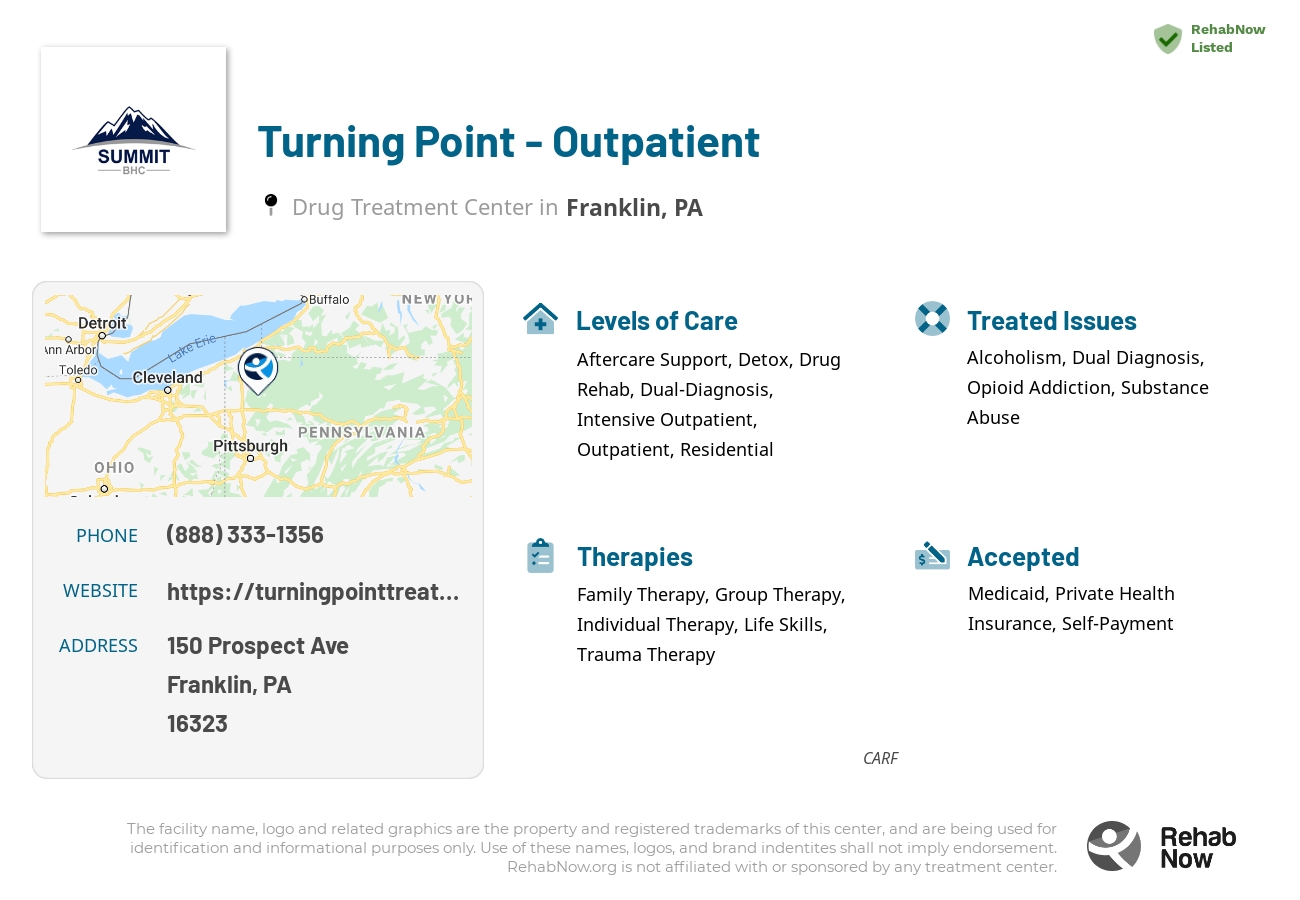 Helpful reference information for Turning Point - Outpatient, a drug treatment center in Pennsylvania located at: 150 Prospect Ave, Franklin, PA 16323, including phone numbers, official website, and more. Listed briefly is an overview of Levels of Care, Therapies Offered, Issues Treated, and accepted forms of Payment Methods.