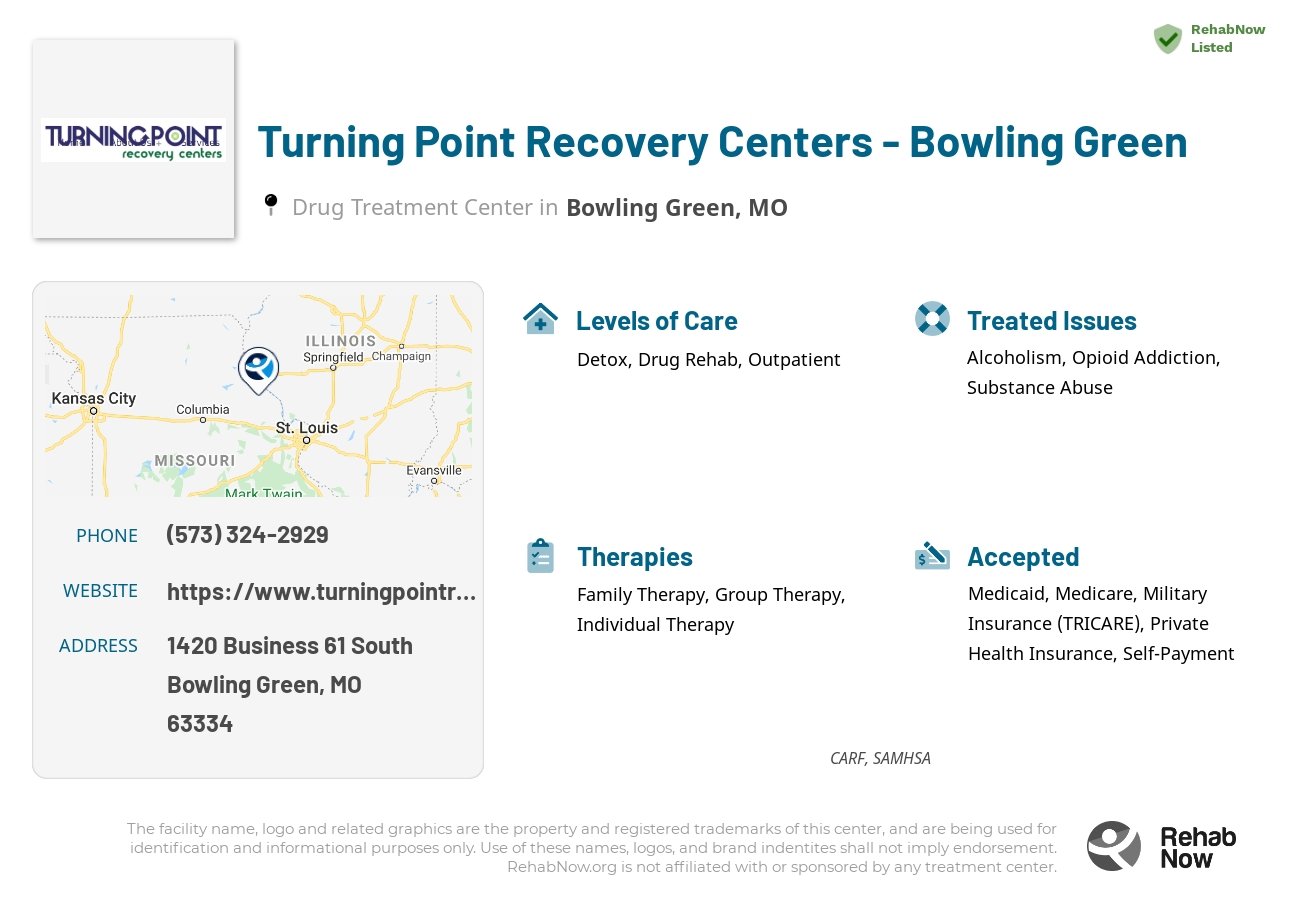 Helpful reference information for Turning Point Recovery Centers - Bowling Green, a drug treatment center in Missouri located at: 1420 Business 61 South, Bowling Green, MO 63334, including phone numbers, official website, and more. Listed briefly is an overview of Levels of Care, Therapies Offered, Issues Treated, and accepted forms of Payment Methods.