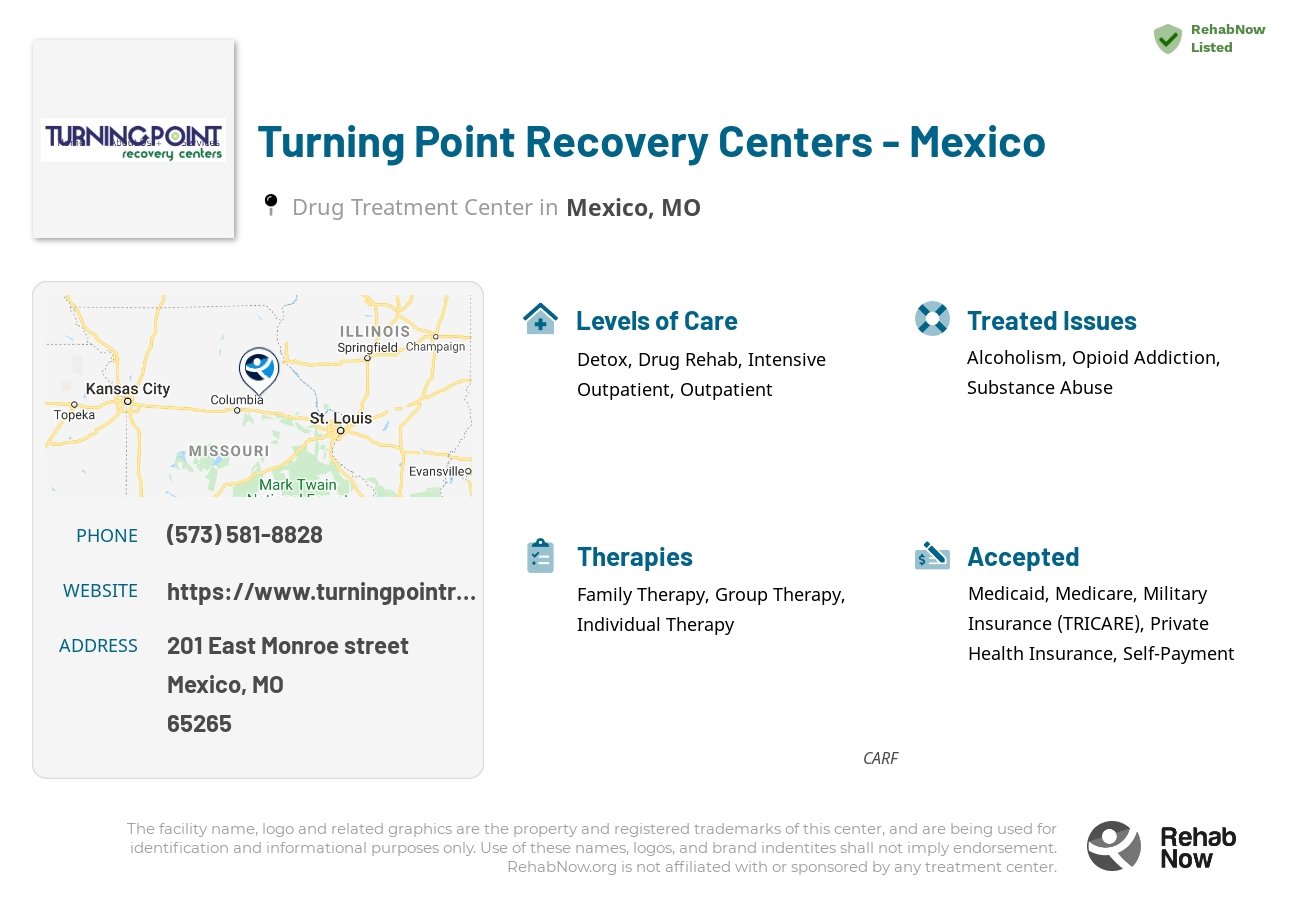 Helpful reference information for Turning Point Recovery Centers - Mexico, a drug treatment center in Missouri located at: 201 201 East Monroe street, Mexico, MO 65265, including phone numbers, official website, and more. Listed briefly is an overview of Levels of Care, Therapies Offered, Issues Treated, and accepted forms of Payment Methods.