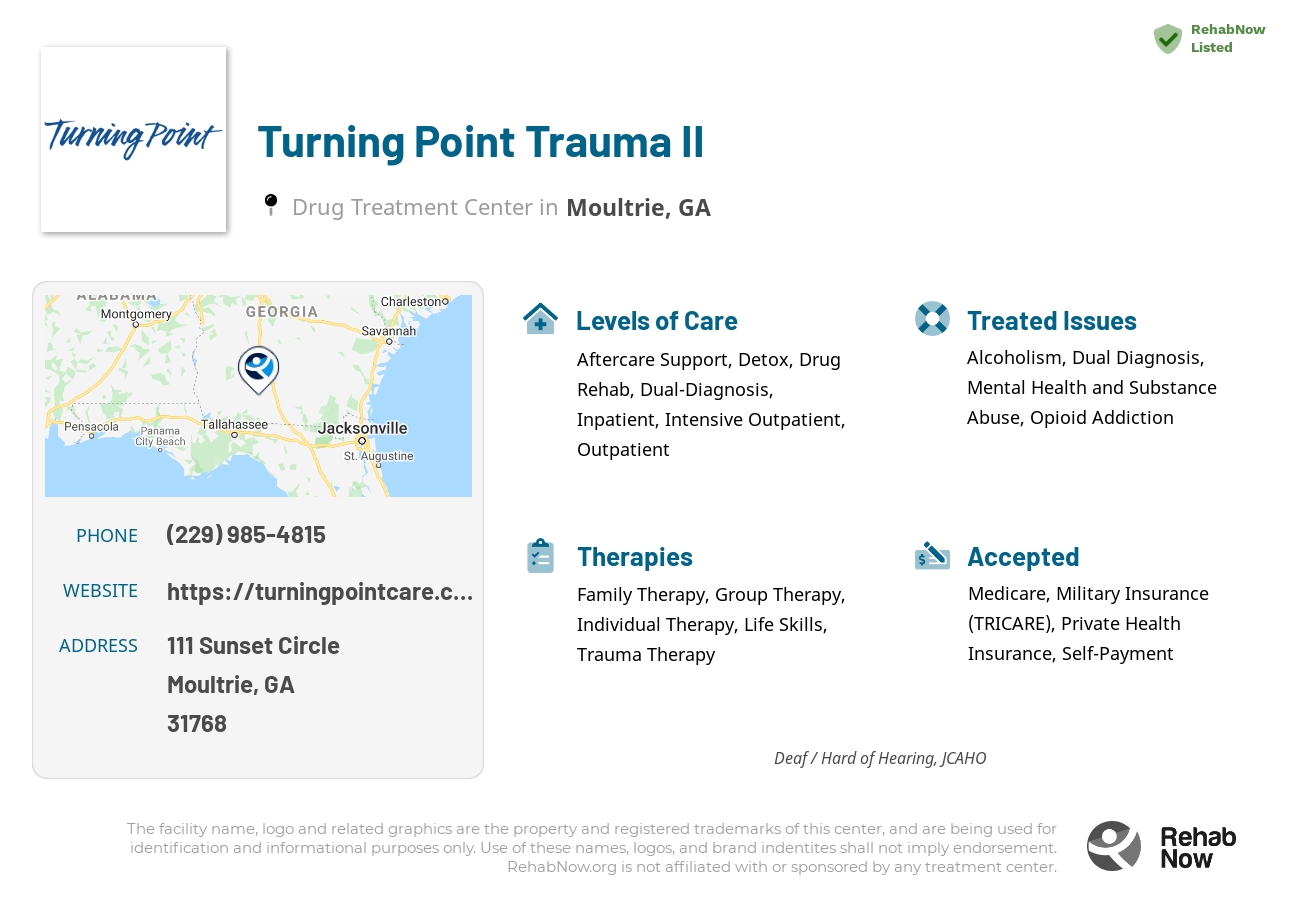 Helpful reference information for Turning Point Trauma II, a drug treatment center in Georgia located at: 111 111 Sunset Circle, Moultrie, GA 31768, including phone numbers, official website, and more. Listed briefly is an overview of Levels of Care, Therapies Offered, Issues Treated, and accepted forms of Payment Methods.