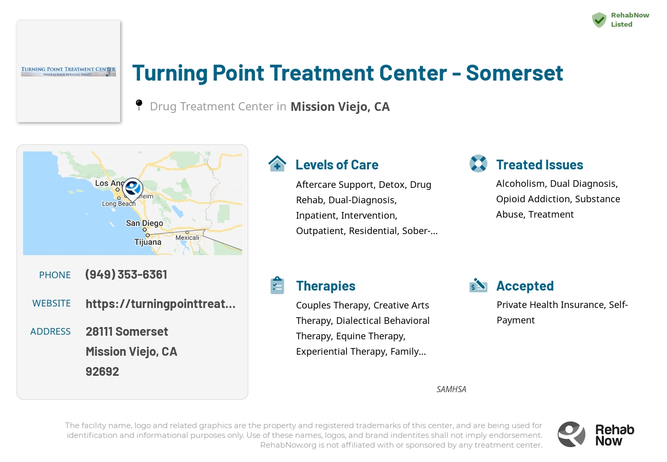 Helpful reference information for Turning Point Treatment Center - Somerset, a drug treatment center in California located at: 28111 Somerset, Mission Viejo, CA 92692, including phone numbers, official website, and more. Listed briefly is an overview of Levels of Care, Therapies Offered, Issues Treated, and accepted forms of Payment Methods.
