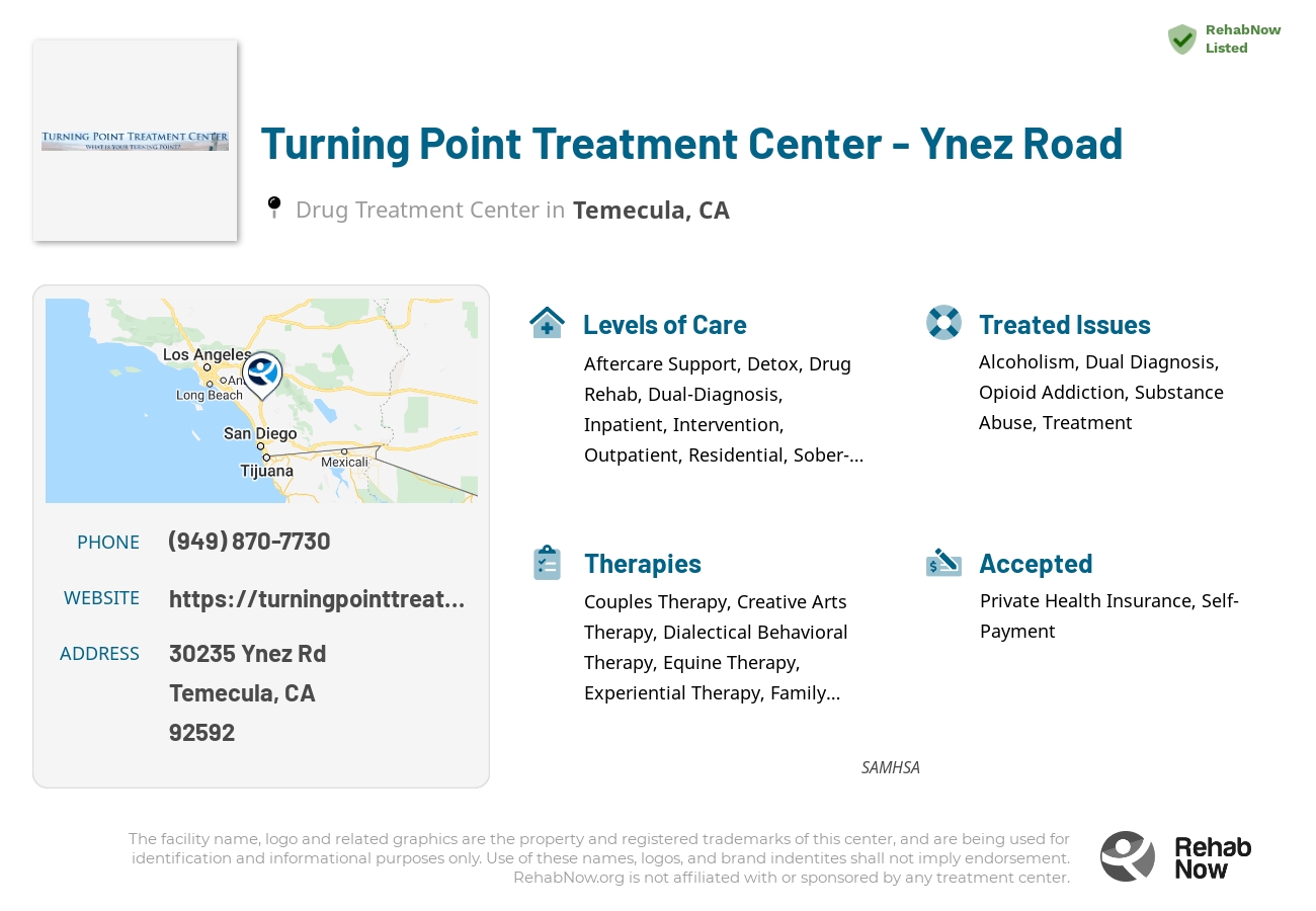 Helpful reference information for Turning Point Treatment Center - Ynez Road, a drug treatment center in California located at: 30235 Ynez Rd, Temecula, CA 92592, including phone numbers, official website, and more. Listed briefly is an overview of Levels of Care, Therapies Offered, Issues Treated, and accepted forms of Payment Methods.