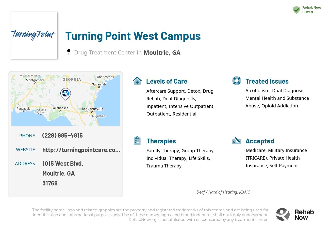 Helpful reference information for Turning Point West Campus, a drug treatment center in Georgia located at: 1015 1015 West Blvd., Moultrie, GA 31768, including phone numbers, official website, and more. Listed briefly is an overview of Levels of Care, Therapies Offered, Issues Treated, and accepted forms of Payment Methods.