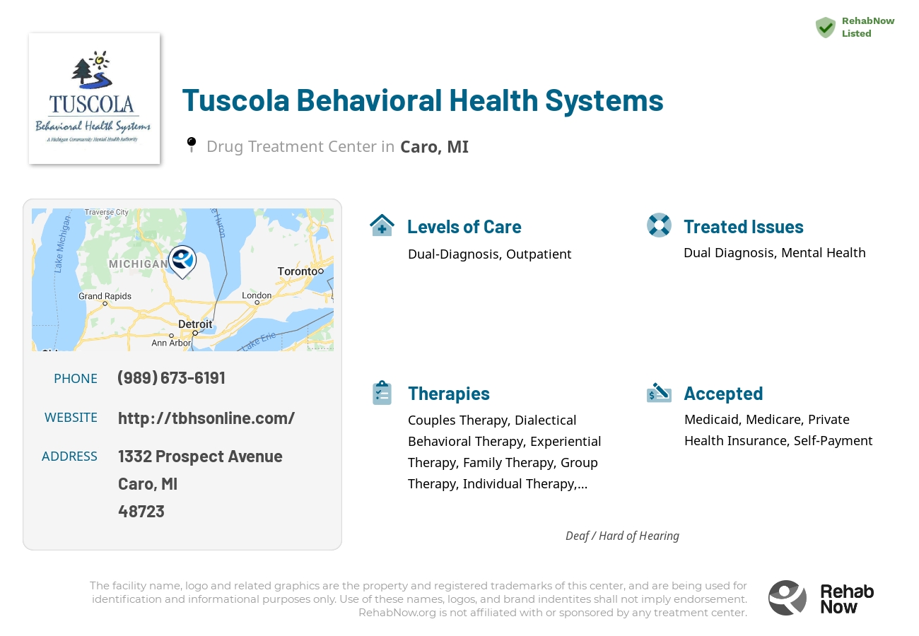 Helpful reference information for Tuscola Behavioral Health Systems, a drug treatment center in Michigan located at: 1332 1332 Prospect Avenue, Caro, MI 48723, including phone numbers, official website, and more. Listed briefly is an overview of Levels of Care, Therapies Offered, Issues Treated, and accepted forms of Payment Methods.