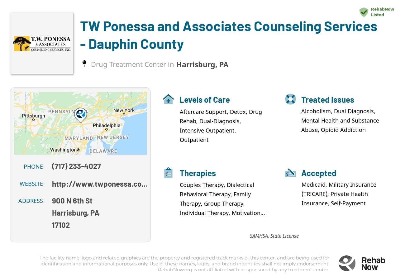 Helpful reference information for TW Ponessa and Associates Counseling Services - Dauphin County, a drug treatment center in Pennsylvania located at: 900 N 6th St, Harrisburg, PA 17102, including phone numbers, official website, and more. Listed briefly is an overview of Levels of Care, Therapies Offered, Issues Treated, and accepted forms of Payment Methods.