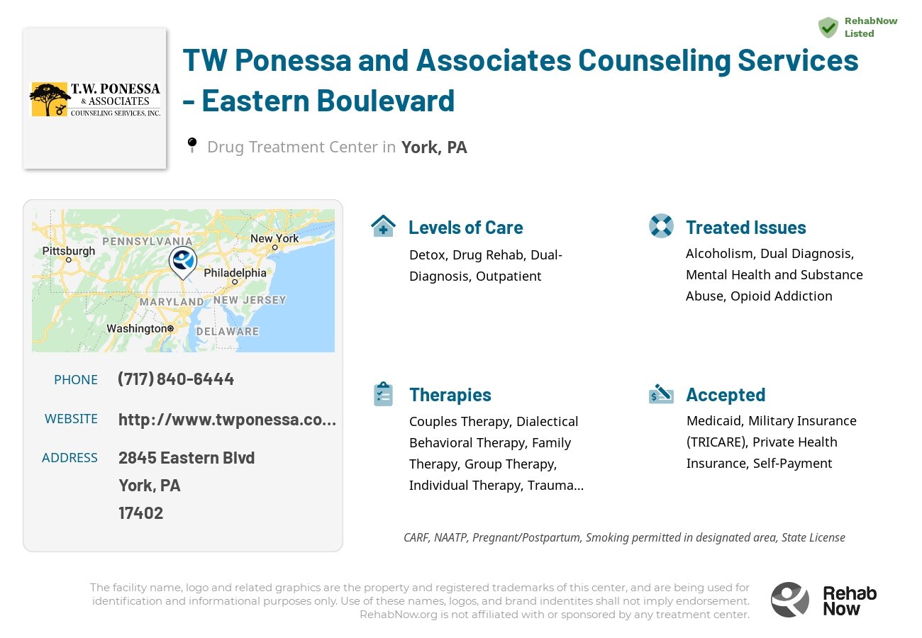 Helpful reference information for TW Ponessa and Associates Counseling Services - Eastern Boulevard, a drug treatment center in Pennsylvania located at: 2845 Eastern Blvd, York, PA 17402, including phone numbers, official website, and more. Listed briefly is an overview of Levels of Care, Therapies Offered, Issues Treated, and accepted forms of Payment Methods.