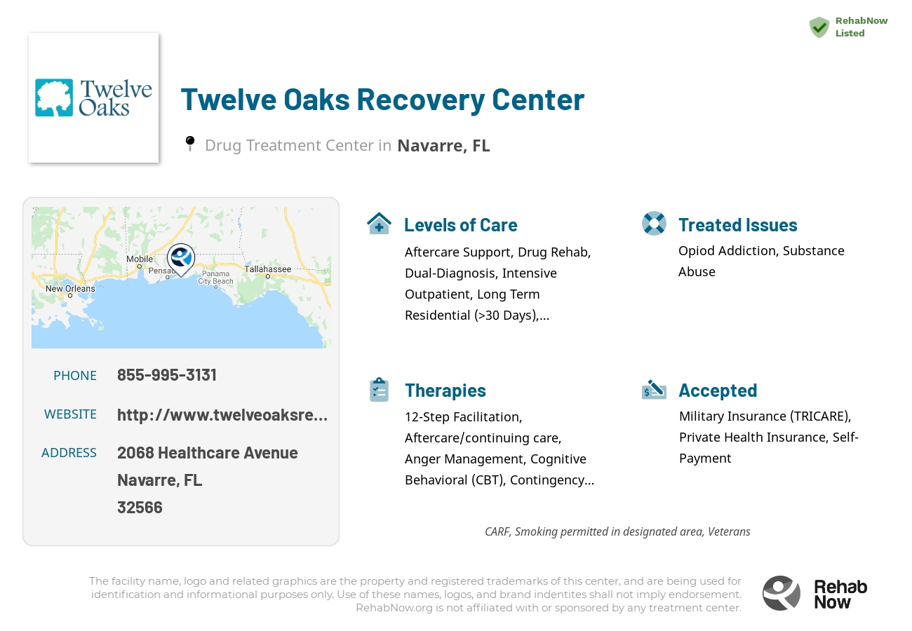 Helpful reference information for Twelve Oaks Recovery Center, a drug treatment center in Florida located at: 2068 Healthcare Avenue, Navarre, FL 32566, including phone numbers, official website, and more. Listed briefly is an overview of Levels of Care, Therapies Offered, Issues Treated, and accepted forms of Payment Methods.