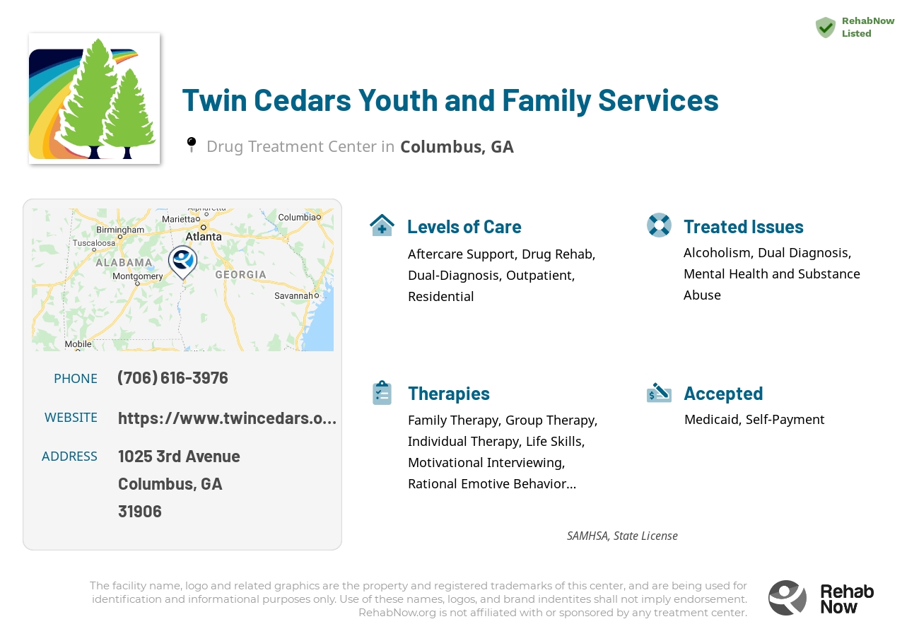 Helpful reference information for Twin Cedars Youth and Family Services, a drug treatment center in Georgia located at: 1025 1025 3rd Avenue, Columbus, GA 31906, including phone numbers, official website, and more. Listed briefly is an overview of Levels of Care, Therapies Offered, Issues Treated, and accepted forms of Payment Methods.