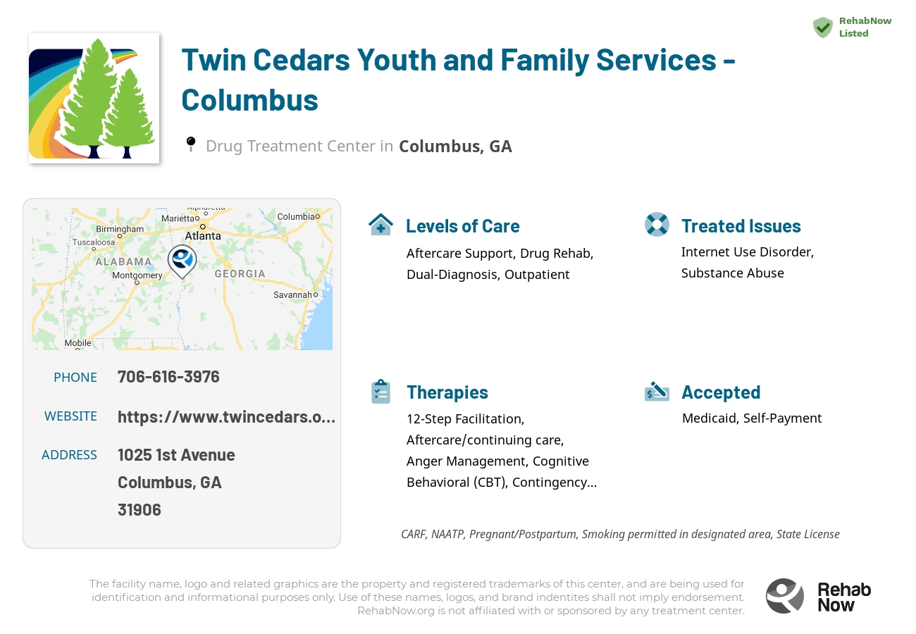 Helpful reference information for Twin Cedars Youth and Family Services - Columbus, a drug treatment center in Georgia located at: 1025 1st Avenue, Columbus, GA 31906, including phone numbers, official website, and more. Listed briefly is an overview of Levels of Care, Therapies Offered, Issues Treated, and accepted forms of Payment Methods.