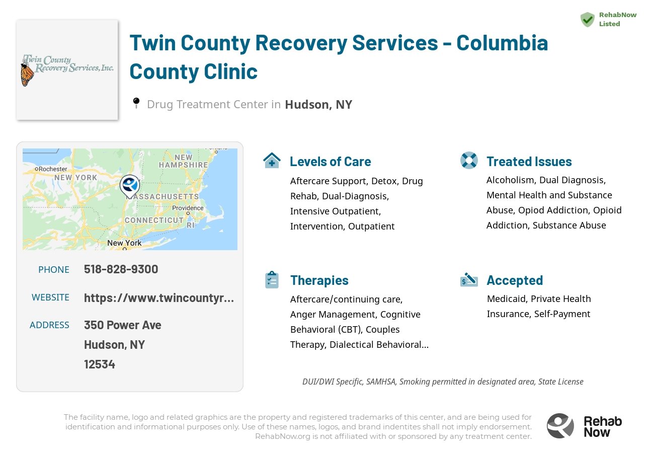 Helpful reference information for Twin County Recovery Services - Columbia County Clinic, a drug treatment center in New York located at: 350 Power Ave, Hudson, NY 12534, including phone numbers, official website, and more. Listed briefly is an overview of Levels of Care, Therapies Offered, Issues Treated, and accepted forms of Payment Methods.