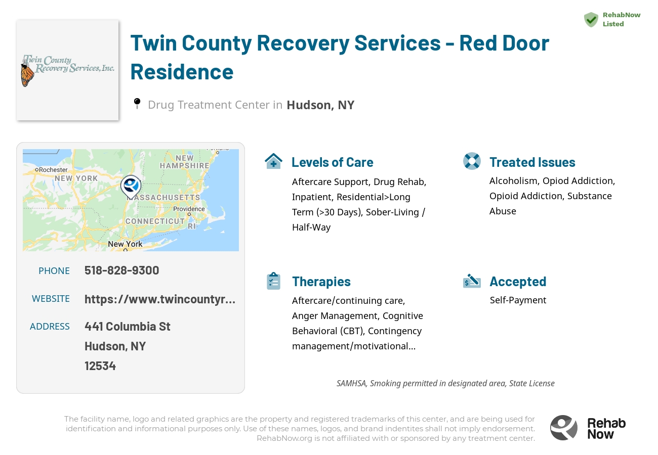 Helpful reference information for Twin County Recovery Services - Red Door Residence, a drug treatment center in New York located at: 441 Columbia St, Hudson, NY 12534, including phone numbers, official website, and more. Listed briefly is an overview of Levels of Care, Therapies Offered, Issues Treated, and accepted forms of Payment Methods.