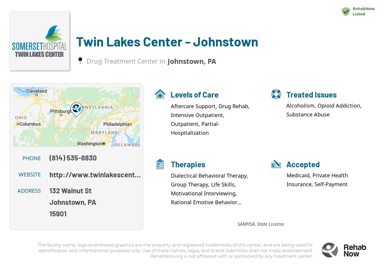 Helpful reference information for Twin Lakes Center - Johnstown, a drug treatment center in Pennsylvania located at: 132 Walnut St, Johnstown, PA 15901, including phone numbers, official website, and more. Listed briefly is an overview of Levels of Care, Therapies Offered, Issues Treated, and accepted forms of Payment Methods.