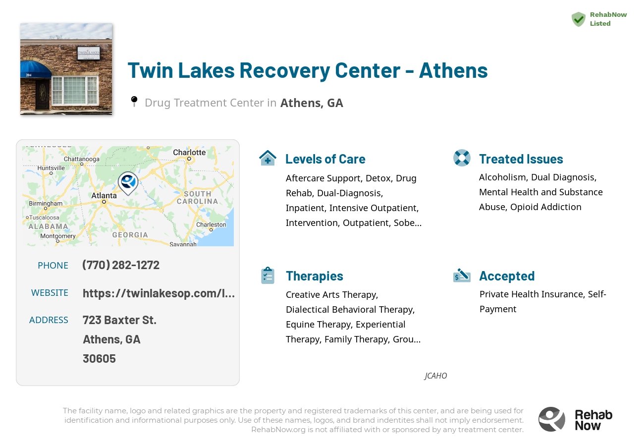 Helpful reference information for Twin Lakes Recovery Center - Athens, a drug treatment center in Georgia located at: 723 723 Baxter St., Athens, GA 30605, including phone numbers, official website, and more. Listed briefly is an overview of Levels of Care, Therapies Offered, Issues Treated, and accepted forms of Payment Methods.