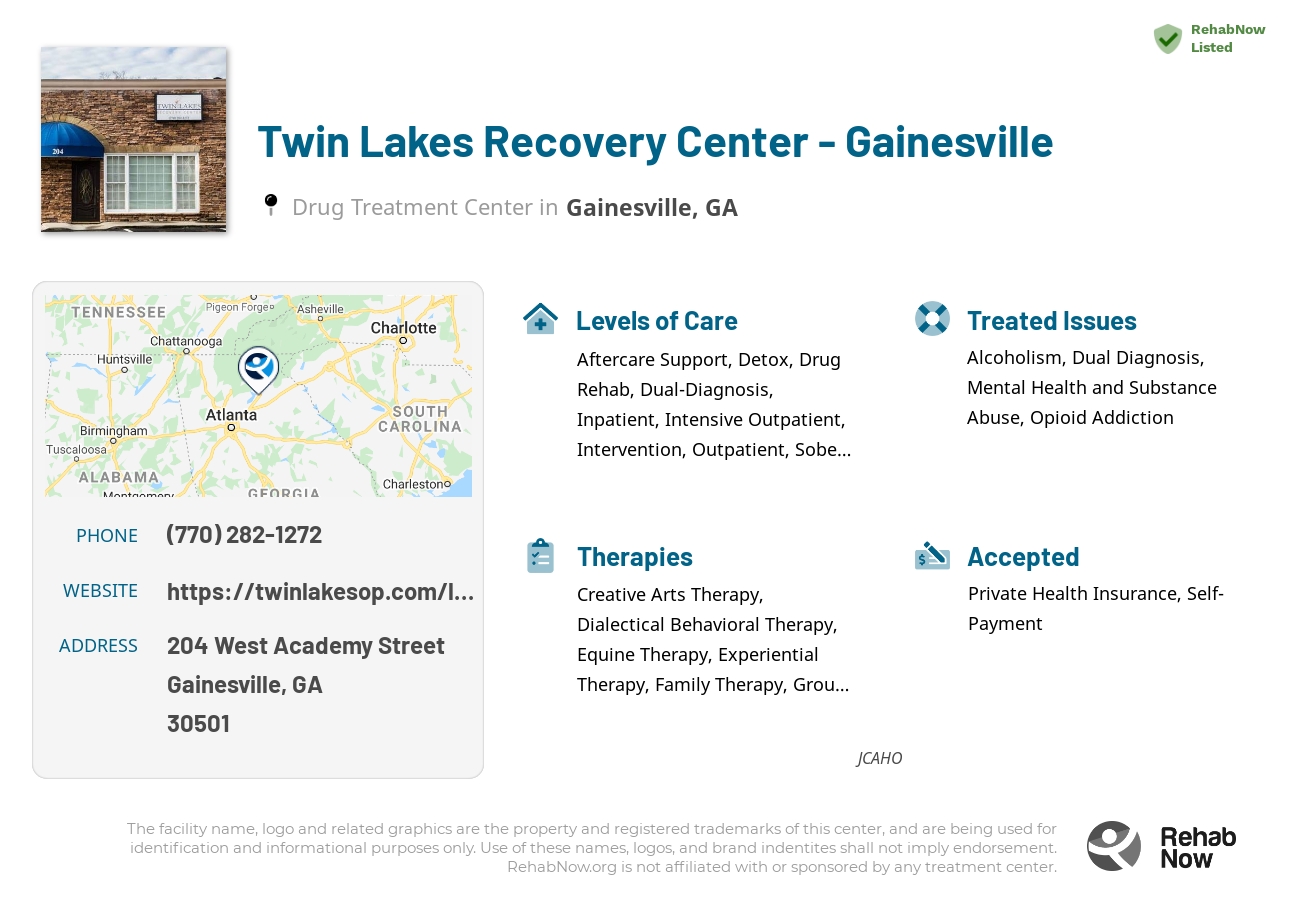 Helpful reference information for Twin Lakes Recovery Center - Gainesville, a drug treatment center in Georgia located at: 204 204 West Academy Street, Gainesville, GA 30501, including phone numbers, official website, and more. Listed briefly is an overview of Levels of Care, Therapies Offered, Issues Treated, and accepted forms of Payment Methods.