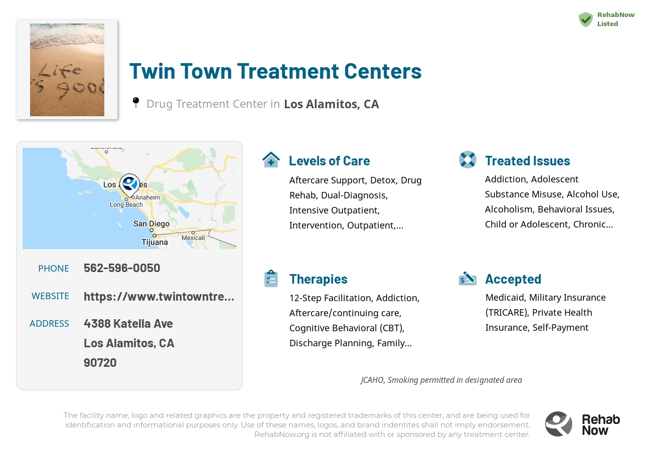 Helpful reference information for Twin Town Treatment Centers, a drug treatment center in California located at: 4388 Katella Ave, Los Alamitos, CA 90720, including phone numbers, official website, and more. Listed briefly is an overview of Levels of Care, Therapies Offered, Issues Treated, and accepted forms of Payment Methods.