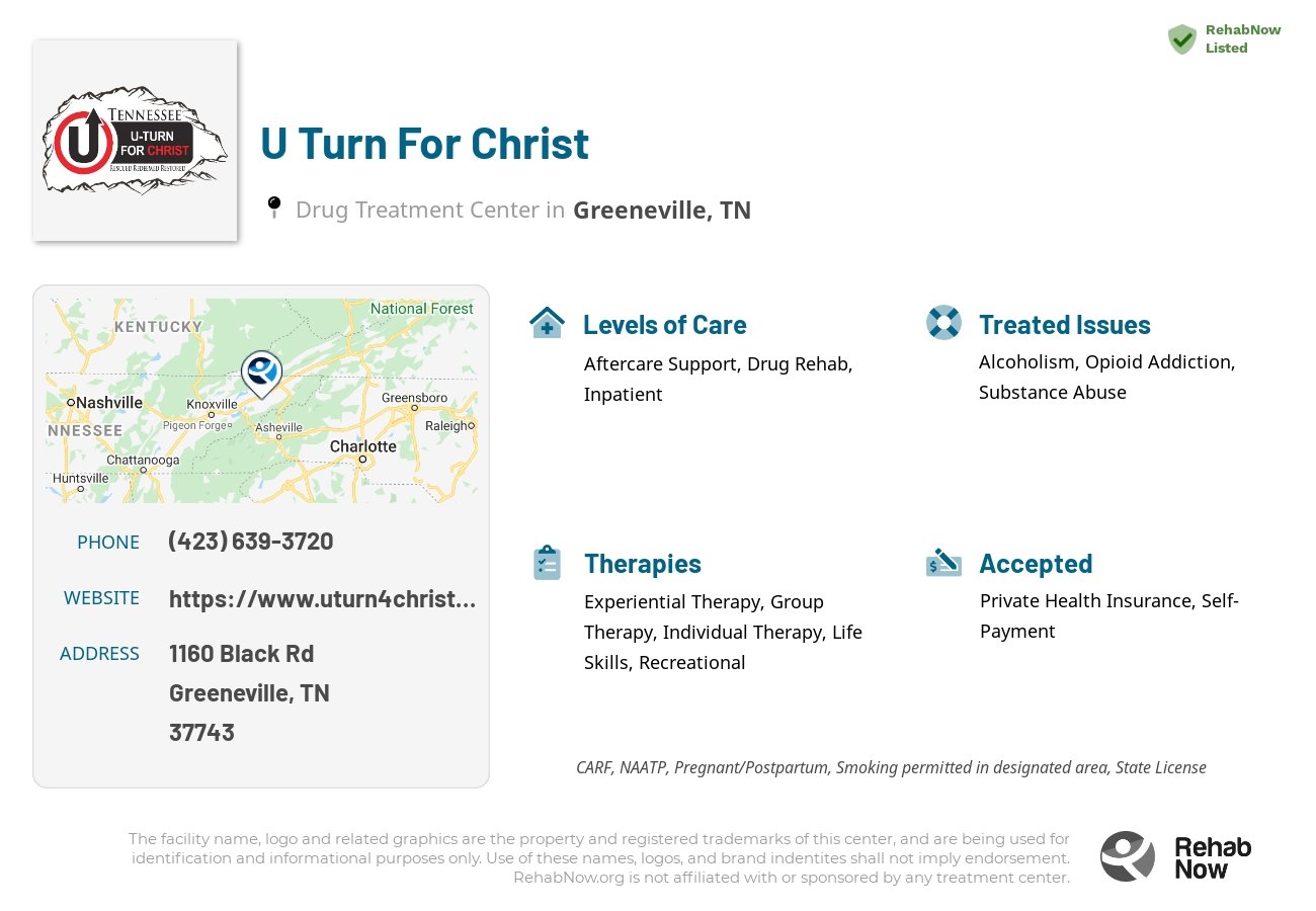 Helpful reference information for U Turn For Christ, a drug treatment center in Tennessee located at: 1160 Black Rd, Greeneville, TN 37743, including phone numbers, official website, and more. Listed briefly is an overview of Levels of Care, Therapies Offered, Issues Treated, and accepted forms of Payment Methods.