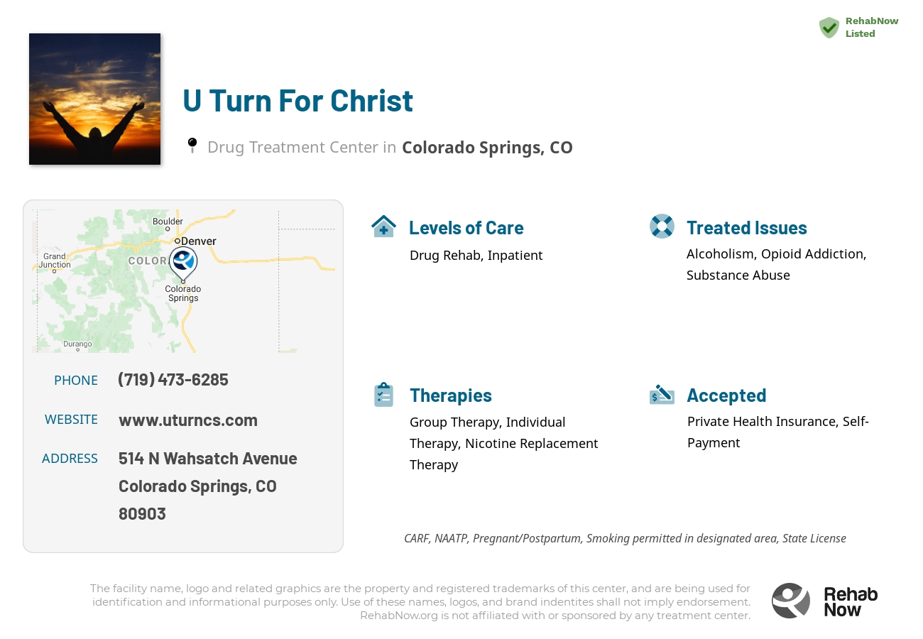Helpful reference information for U Turn For Christ, a drug treatment center in Colorado located at: 514 N Wahsatch Avenue, Colorado Springs, CO, 80903, including phone numbers, official website, and more. Listed briefly is an overview of Levels of Care, Therapies Offered, Issues Treated, and accepted forms of Payment Methods.