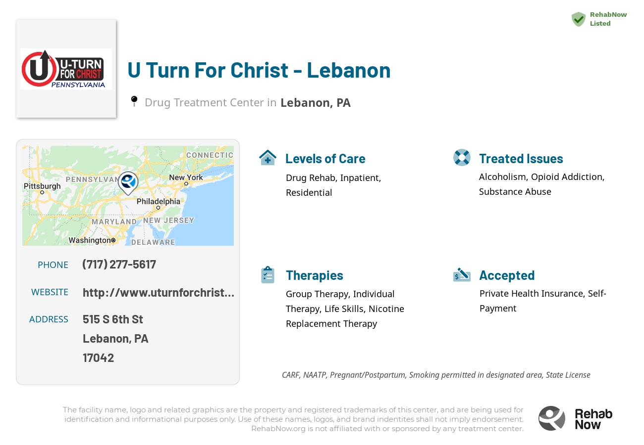 Helpful reference information for U Turn For Christ - Lebanon, a drug treatment center in Pennsylvania located at: 515 S 6th St, Lebanon, PA 17042, including phone numbers, official website, and more. Listed briefly is an overview of Levels of Care, Therapies Offered, Issues Treated, and accepted forms of Payment Methods.