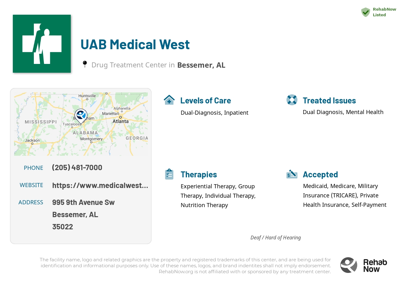 Helpful reference information for UAB Medical West, a drug treatment center in Alabama located at: 995 9th Avenue Sw, Bessemer, AL, 35022, including phone numbers, official website, and more. Listed briefly is an overview of Levels of Care, Therapies Offered, Issues Treated, and accepted forms of Payment Methods.