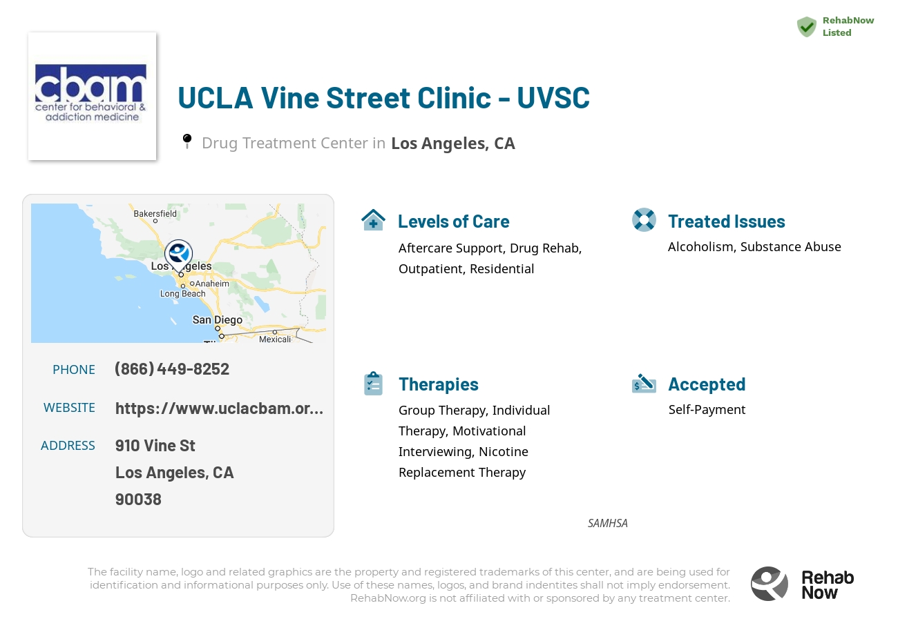 Helpful reference information for UCLA Vine Street Clinic - UVSC, a drug treatment center in California located at: 910 Vine St, Los Angeles, CA 90038, including phone numbers, official website, and more. Listed briefly is an overview of Levels of Care, Therapies Offered, Issues Treated, and accepted forms of Payment Methods.