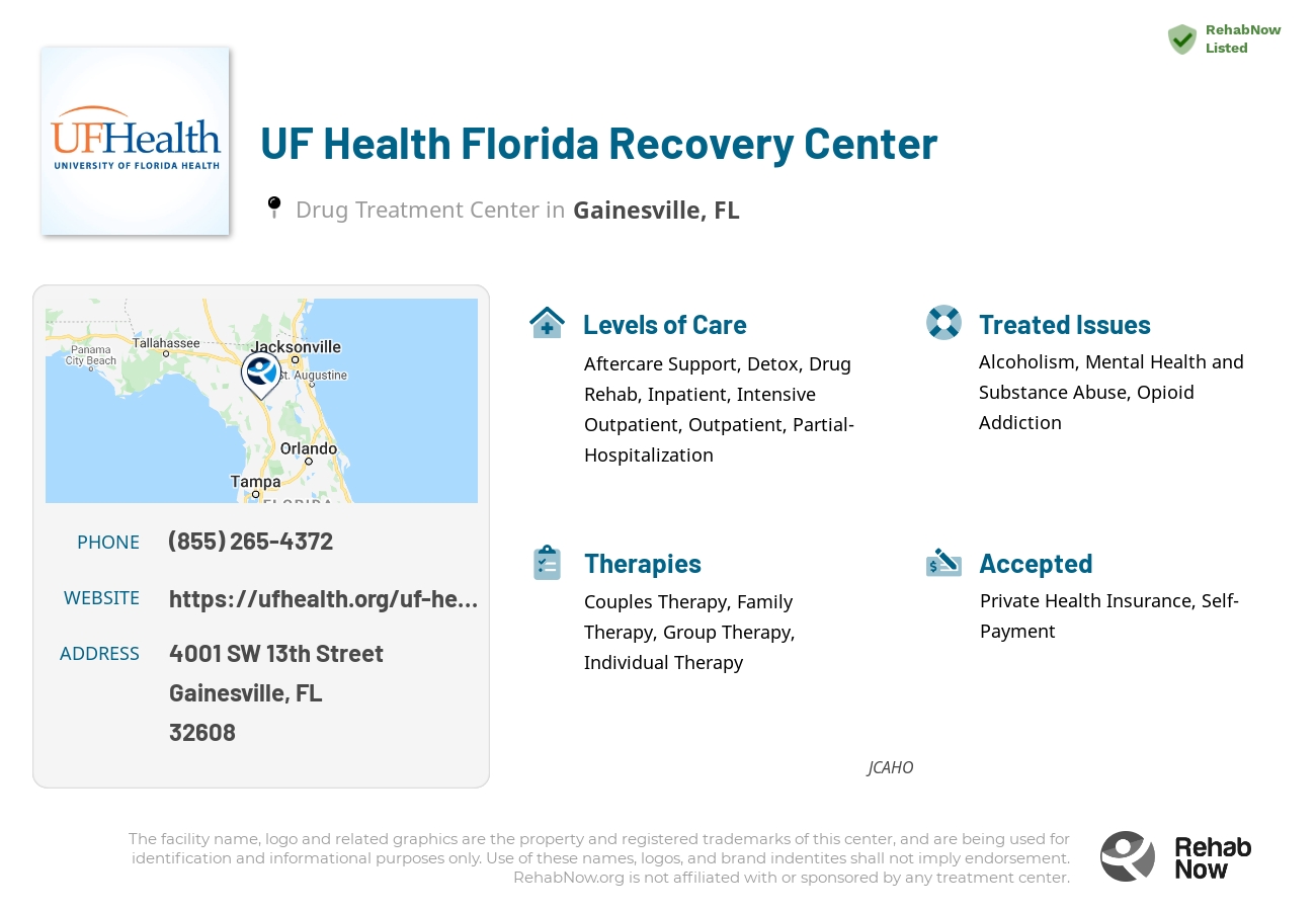 Helpful reference information for UF Health Florida Recovery Center, a drug treatment center in Florida located at: 4001 SW 13th Street, Gainesville, FL, 32608, including phone numbers, official website, and more. Listed briefly is an overview of Levels of Care, Therapies Offered, Issues Treated, and accepted forms of Payment Methods.