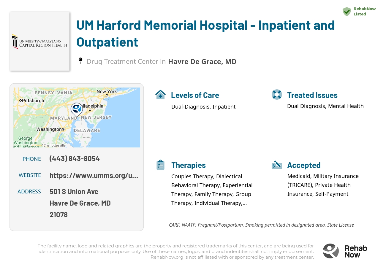 Helpful reference information for UM Harford Memorial Hospital - Inpatient and Outpatient, a drug treatment center in Maryland located at: 501 S Union Ave, Havre De Grace, MD 21078, including phone numbers, official website, and more. Listed briefly is an overview of Levels of Care, Therapies Offered, Issues Treated, and accepted forms of Payment Methods.