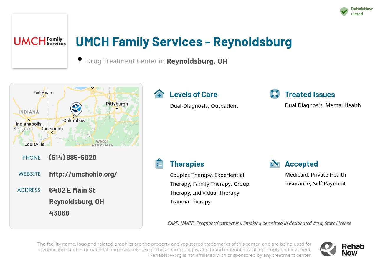 Helpful reference information for UMCH Family Services - Reynoldsburg, a drug treatment center in Ohio located at: 6402 E Main St, Reynoldsburg, OH 43068, including phone numbers, official website, and more. Listed briefly is an overview of Levels of Care, Therapies Offered, Issues Treated, and accepted forms of Payment Methods.