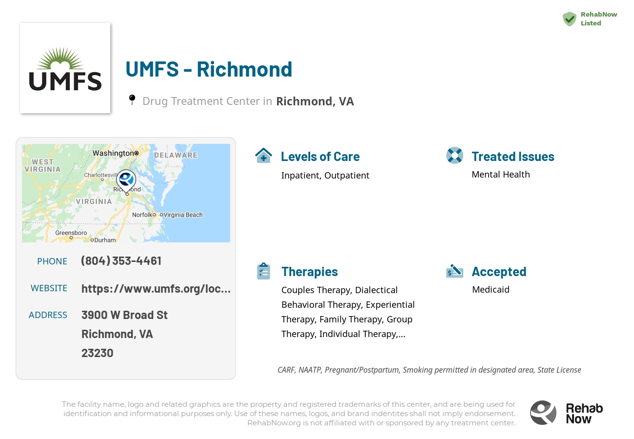 Helpful reference information for UMFS - Richmond, a drug treatment center in Virginia located at: 3900 W Broad St, Richmond, VA 23230, including phone numbers, official website, and more. Listed briefly is an overview of Levels of Care, Therapies Offered, Issues Treated, and accepted forms of Payment Methods.