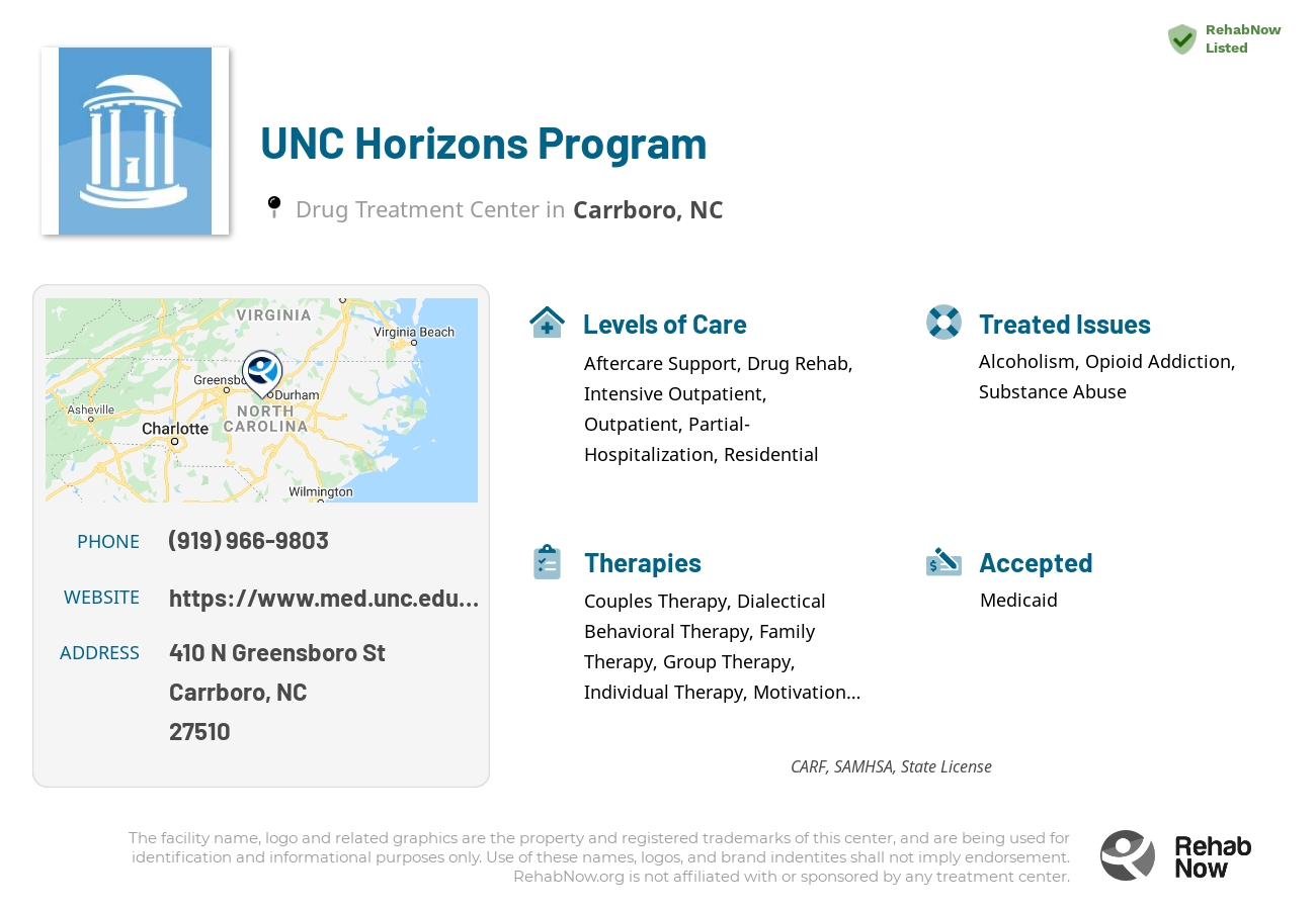 Helpful reference information for UNC Horizons Program, a drug treatment center in North Carolina located at: 410 N Greensboro St, Carrboro, NC 27510, including phone numbers, official website, and more. Listed briefly is an overview of Levels of Care, Therapies Offered, Issues Treated, and accepted forms of Payment Methods.