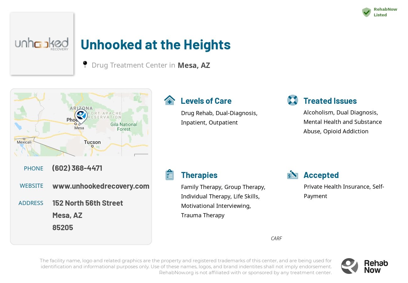 Helpful reference information for Unhooked at the Heights, a drug treatment center in Arizona located at: 152 North 56th Street, Mesa, AZ, 85205, including phone numbers, official website, and more. Listed briefly is an overview of Levels of Care, Therapies Offered, Issues Treated, and accepted forms of Payment Methods.