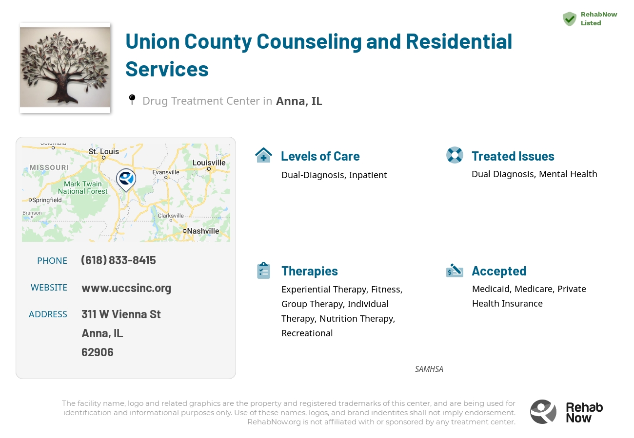 Helpful reference information for Union County Counseling and Residential Services, a drug treatment center in Illinois located at: 311 W Vienna St, Anna, IL 62906, including phone numbers, official website, and more. Listed briefly is an overview of Levels of Care, Therapies Offered, Issues Treated, and accepted forms of Payment Methods.