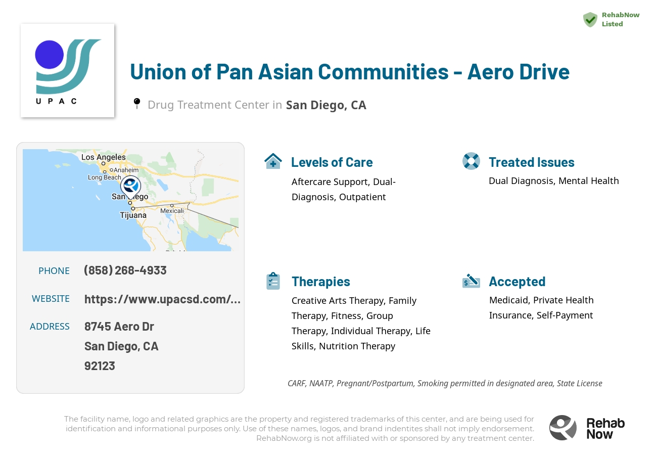 Helpful reference information for Union of Pan Asian Communities - Aero Drive, a drug treatment center in California located at: 8745 Aero Dr, San Diego, CA 92123, including phone numbers, official website, and more. Listed briefly is an overview of Levels of Care, Therapies Offered, Issues Treated, and accepted forms of Payment Methods.