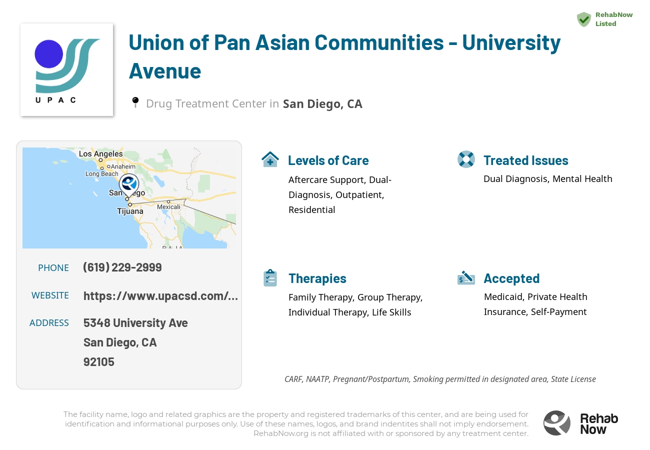 Helpful reference information for Union of Pan Asian Communities - University Avenue, a drug treatment center in California located at: 5348 University Ave, San Diego, CA 92105, including phone numbers, official website, and more. Listed briefly is an overview of Levels of Care, Therapies Offered, Issues Treated, and accepted forms of Payment Methods.