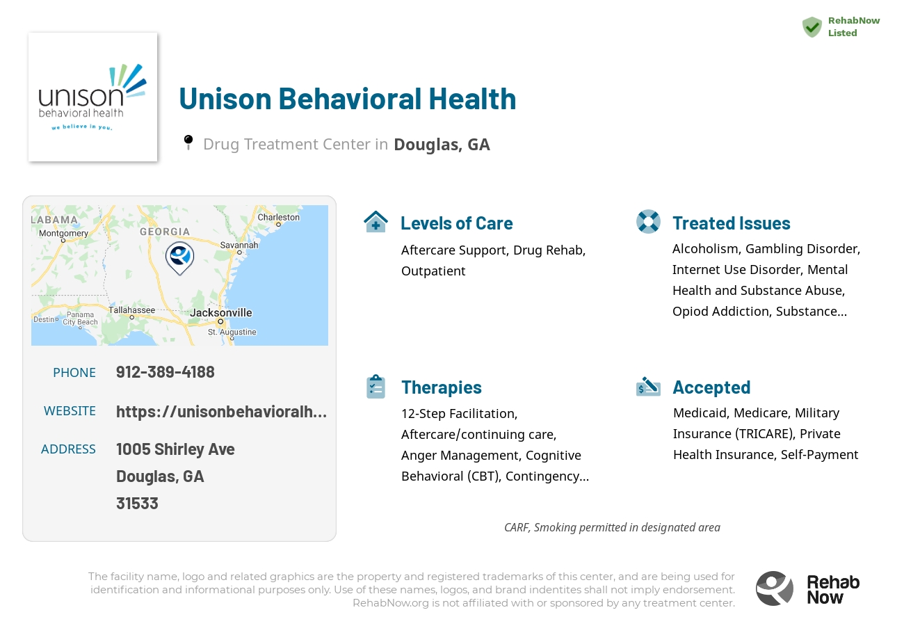 Helpful reference information for Unison Behavioral Health, a drug treatment center in Georgia located at: 1005 Shirley Ave, Douglas, GA 31533, including phone numbers, official website, and more. Listed briefly is an overview of Levels of Care, Therapies Offered, Issues Treated, and accepted forms of Payment Methods.
