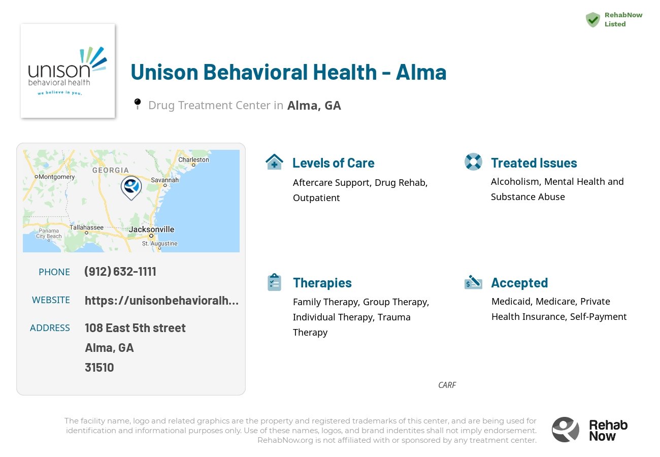 Helpful reference information for Unison Behavioral Health - Alma, a drug treatment center in Georgia located at: 108 108 East 5th street, Alma, GA 31510, including phone numbers, official website, and more. Listed briefly is an overview of Levels of Care, Therapies Offered, Issues Treated, and accepted forms of Payment Methods.