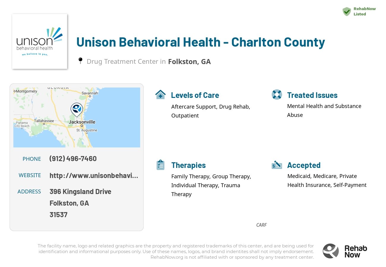 Helpful reference information for Unison Behavioral Health - Charlton County, a drug treatment center in Georgia located at: 396 Kingsland Drive, Folkston, GA, 31537, including phone numbers, official website, and more. Listed briefly is an overview of Levels of Care, Therapies Offered, Issues Treated, and accepted forms of Payment Methods.