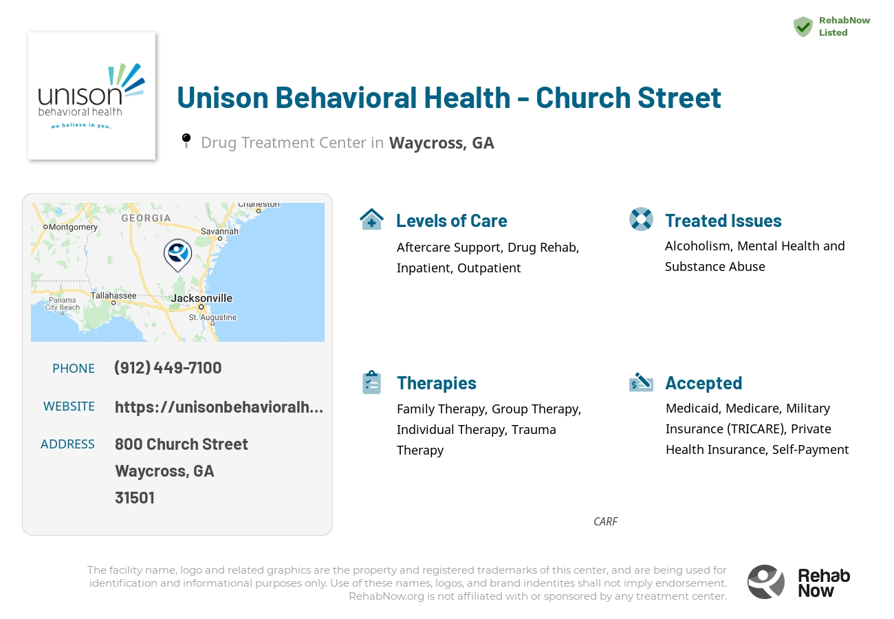 Helpful reference information for Unison Behavioral Health - Church Street, a drug treatment center in Georgia located at: 800 800 Church Street, Waycross, GA 31501, including phone numbers, official website, and more. Listed briefly is an overview of Levels of Care, Therapies Offered, Issues Treated, and accepted forms of Payment Methods.