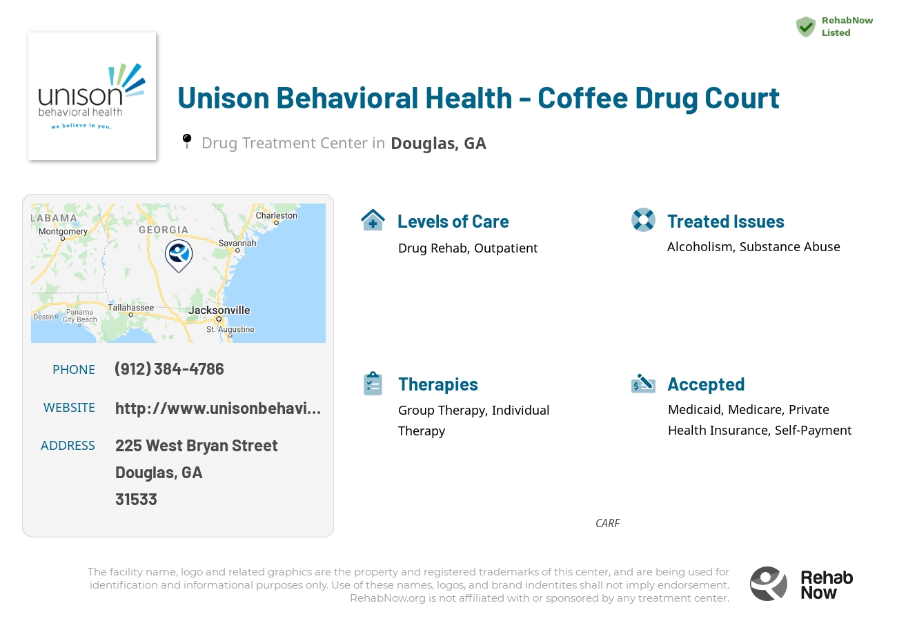 Helpful reference information for Unison Behavioral Health - Coffee Drug Court, a drug treatment center in Georgia located at: 225 West Bryan Street, Douglas, GA, 31533, including phone numbers, official website, and more. Listed briefly is an overview of Levels of Care, Therapies Offered, Issues Treated, and accepted forms of Payment Methods.