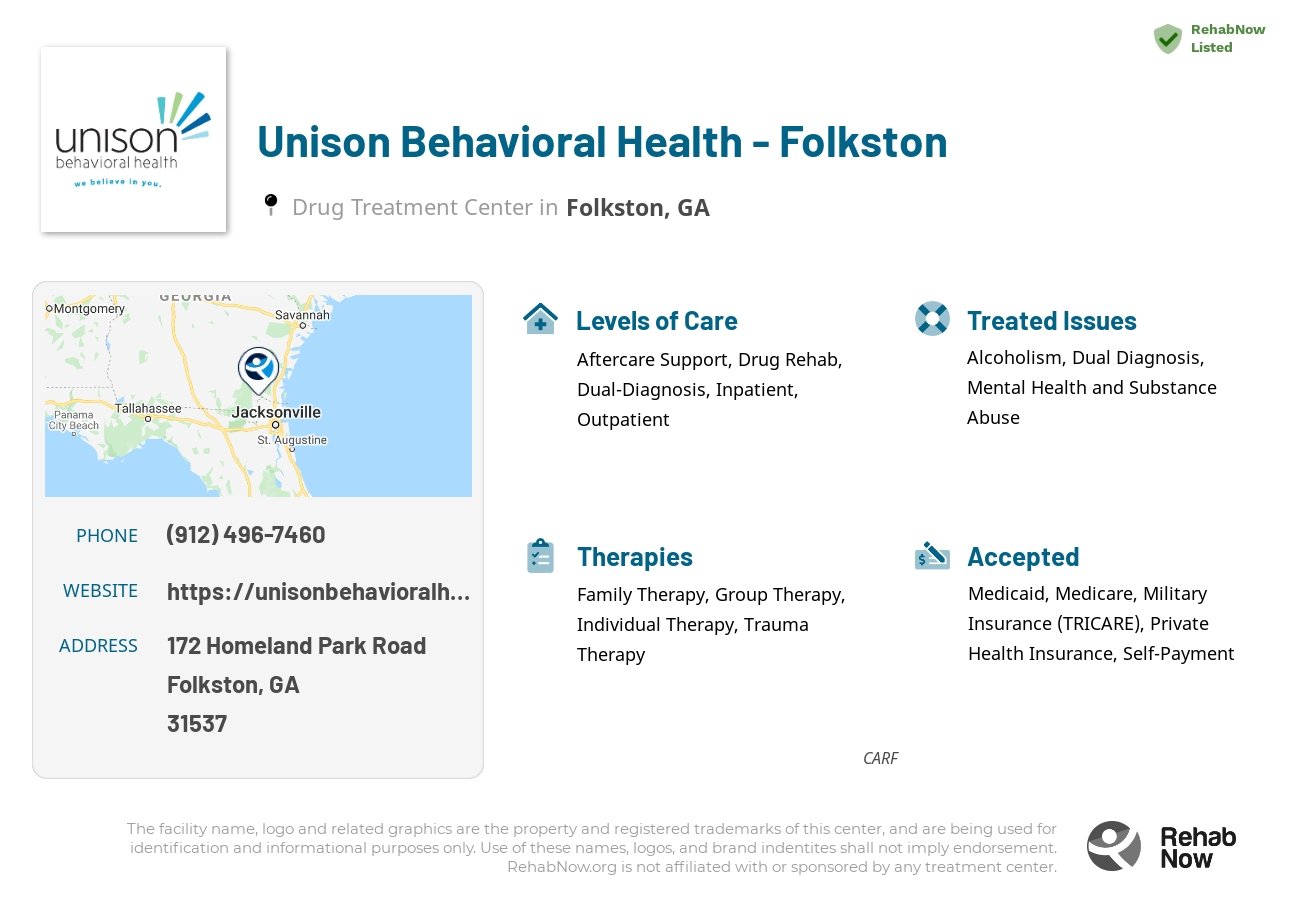 Helpful reference information for Unison Behavioral Health - Folkston, a drug treatment center in Georgia located at: 172 Homeland Park Road, Folkston, GA 31537, including phone numbers, official website, and more. Listed briefly is an overview of Levels of Care, Therapies Offered, Issues Treated, and accepted forms of Payment Methods.