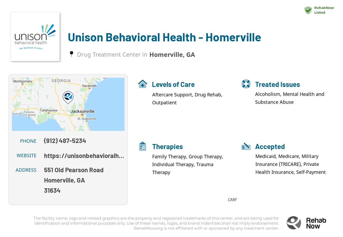 Helpful reference information for Unison Behavioral Health - Homerville, a drug treatment center in Georgia located at: 551 551 Old Pearson Road, Homerville, GA 31634, including phone numbers, official website, and more. Listed briefly is an overview of Levels of Care, Therapies Offered, Issues Treated, and accepted forms of Payment Methods.