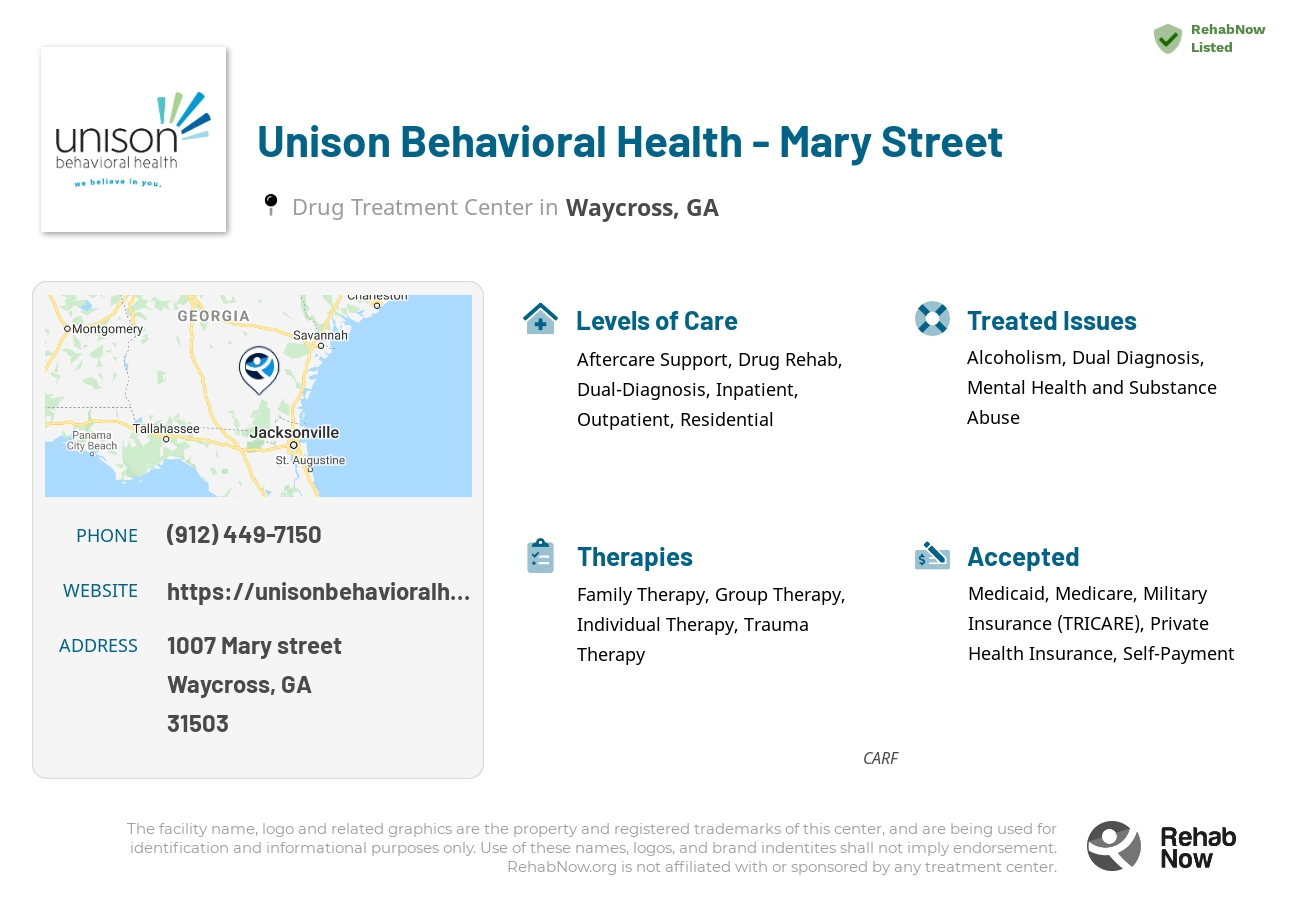 Helpful reference information for Unison Behavioral Health - Mary Street, a drug treatment center in Georgia located at: 1007 1007 Mary street, Waycross, GA 31503, including phone numbers, official website, and more. Listed briefly is an overview of Levels of Care, Therapies Offered, Issues Treated, and accepted forms of Payment Methods.