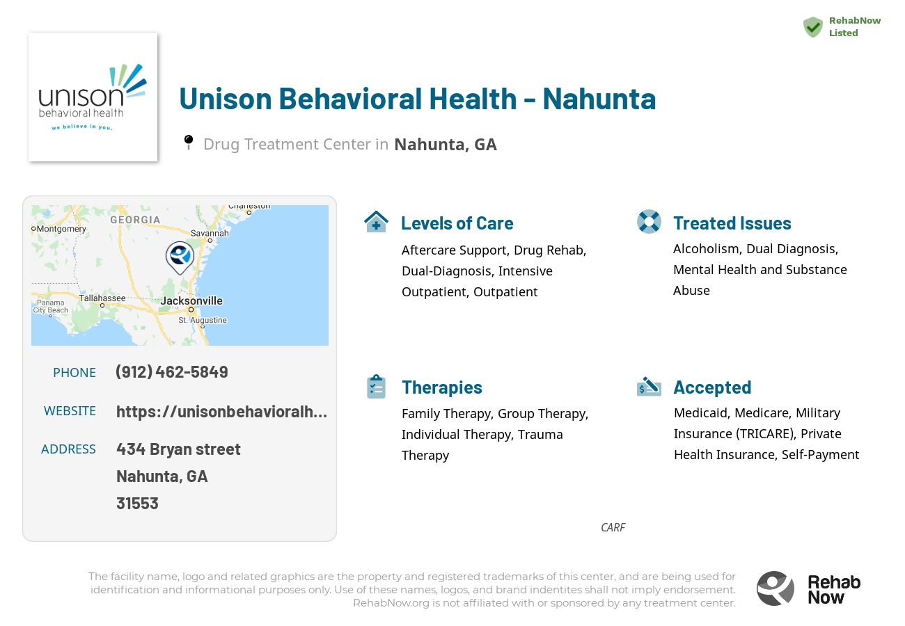 Helpful reference information for Unison Behavioral Health - Nahunta, a drug treatment center in Georgia located at: 434 Bryan street, Nahunta, GA 31553, including phone numbers, official website, and more. Listed briefly is an overview of Levels of Care, Therapies Offered, Issues Treated, and accepted forms of Payment Methods.