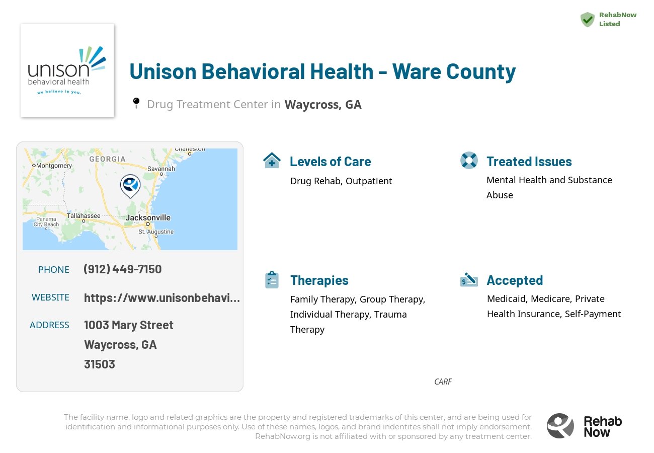 Helpful reference information for Unison Behavioral Health - Ware County, a drug treatment center in Georgia located at: 1003 Mary Street, Waycross, GA, 31503, including phone numbers, official website, and more. Listed briefly is an overview of Levels of Care, Therapies Offered, Issues Treated, and accepted forms of Payment Methods.