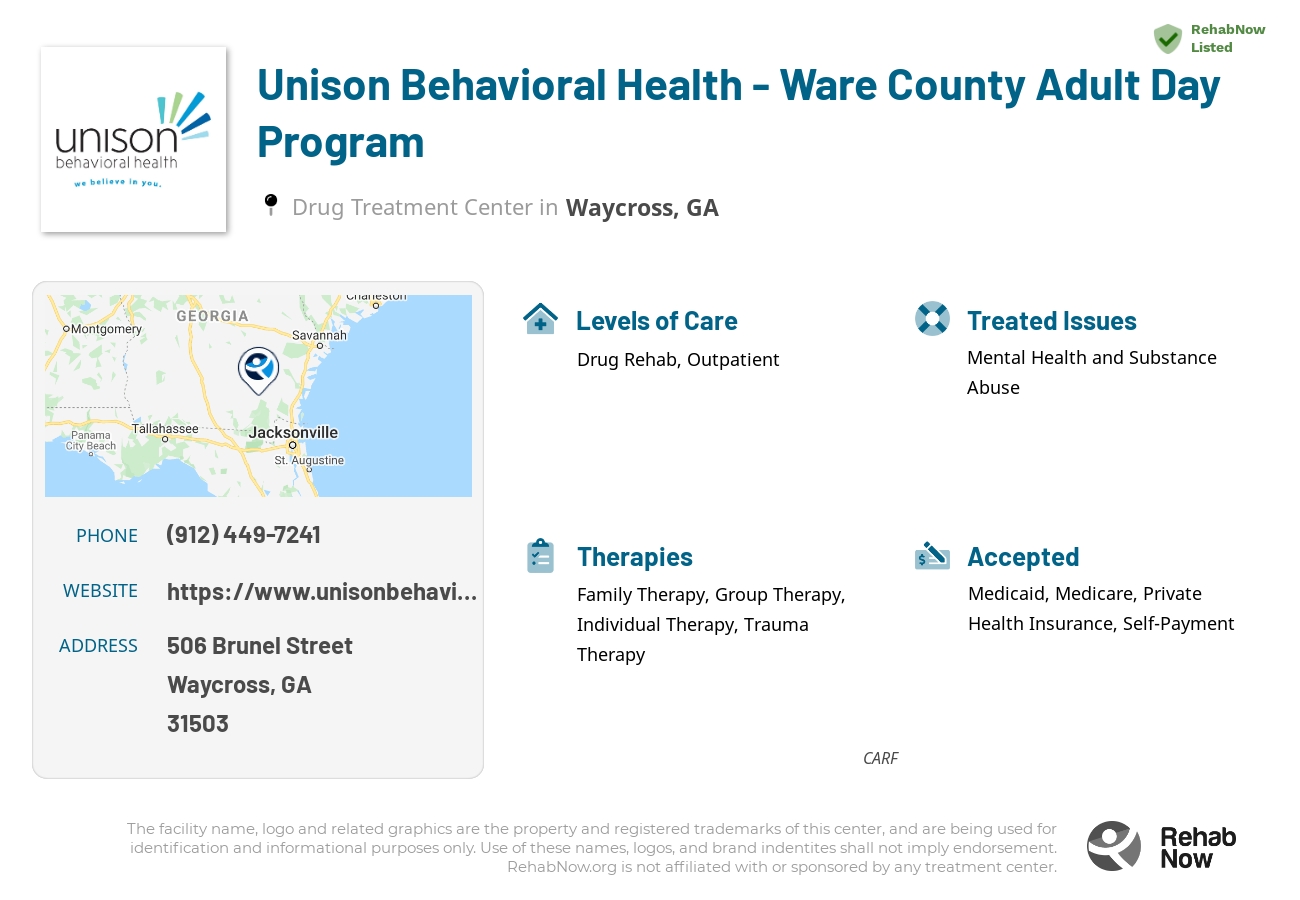 Helpful reference information for Unison Behavioral Health - Ware County Adult Day Program, a drug treatment center in Georgia located at: 506 Brunel Street, Waycross, GA, 31503, including phone numbers, official website, and more. Listed briefly is an overview of Levels of Care, Therapies Offered, Issues Treated, and accepted forms of Payment Methods.