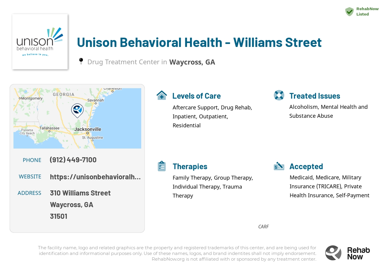 Helpful reference information for Unison Behavioral Health - Williams Street, a drug treatment center in Georgia located at: 310 310 Williams Street, Waycross, GA 31501, including phone numbers, official website, and more. Listed briefly is an overview of Levels of Care, Therapies Offered, Issues Treated, and accepted forms of Payment Methods.