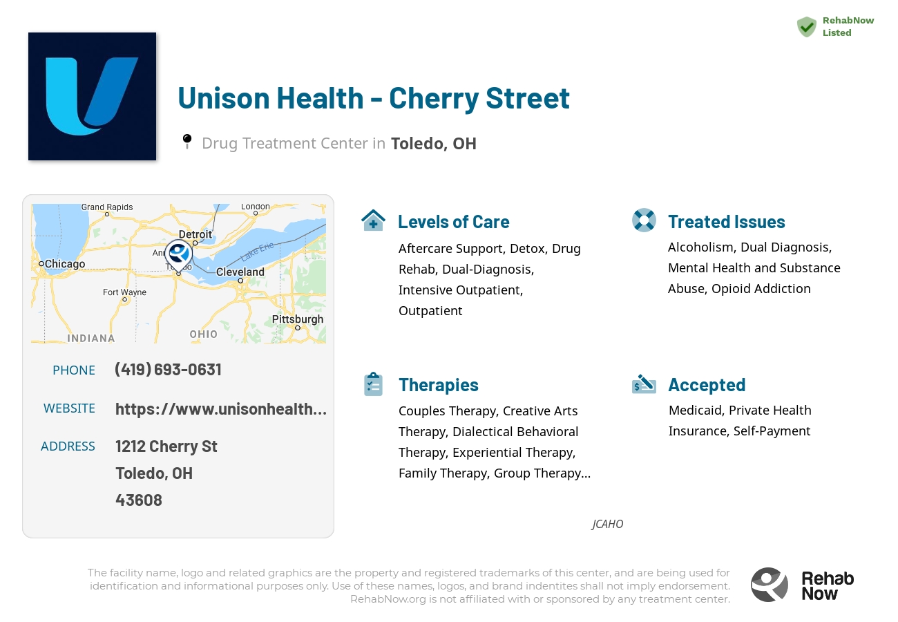 Helpful reference information for Unison Health - Cherry Street, a drug treatment center in Ohio located at: 1212 Cherry St, Toledo, OH 43608, including phone numbers, official website, and more. Listed briefly is an overview of Levels of Care, Therapies Offered, Issues Treated, and accepted forms of Payment Methods.