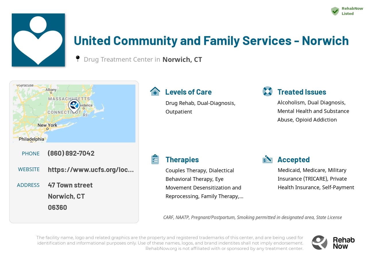 Helpful reference information for United Community and Family Services - Norwich, a drug treatment center in Connecticut located at: 47 Town street, Norwich, CT, 06360, including phone numbers, official website, and more. Listed briefly is an overview of Levels of Care, Therapies Offered, Issues Treated, and accepted forms of Payment Methods.